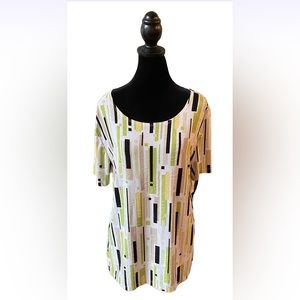 JM Collection: White, Green, Tan, Yellow and Black Textured Slinky Blouse